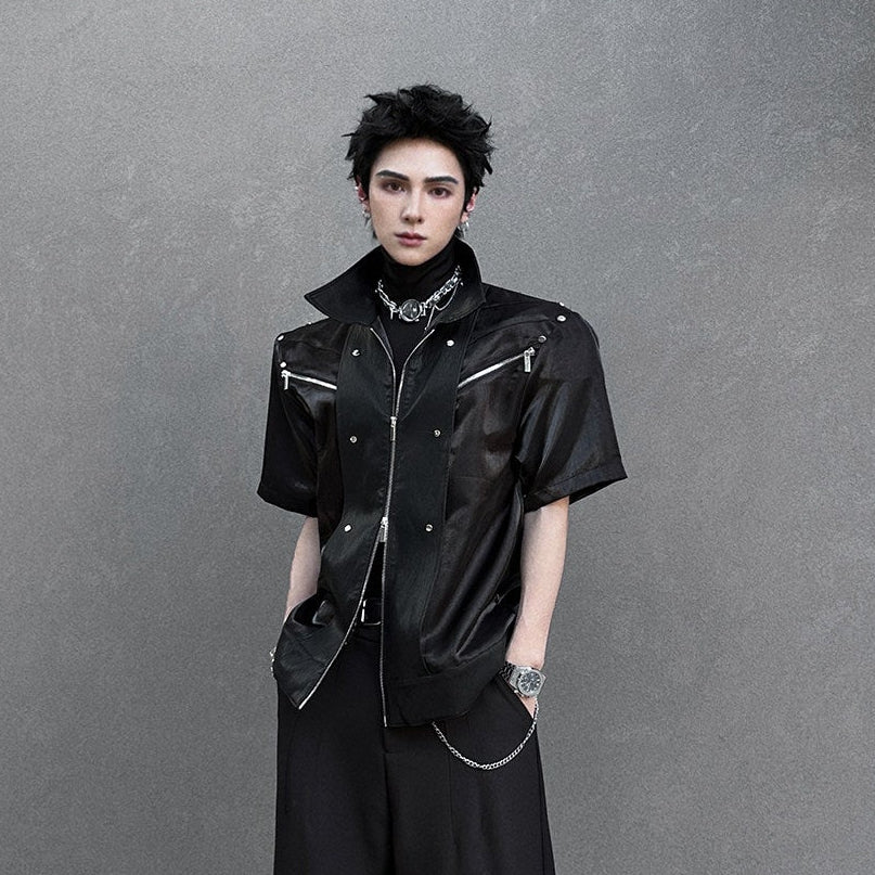 Lapel Zipper Short Sleeve Shirt Jacket WN25121