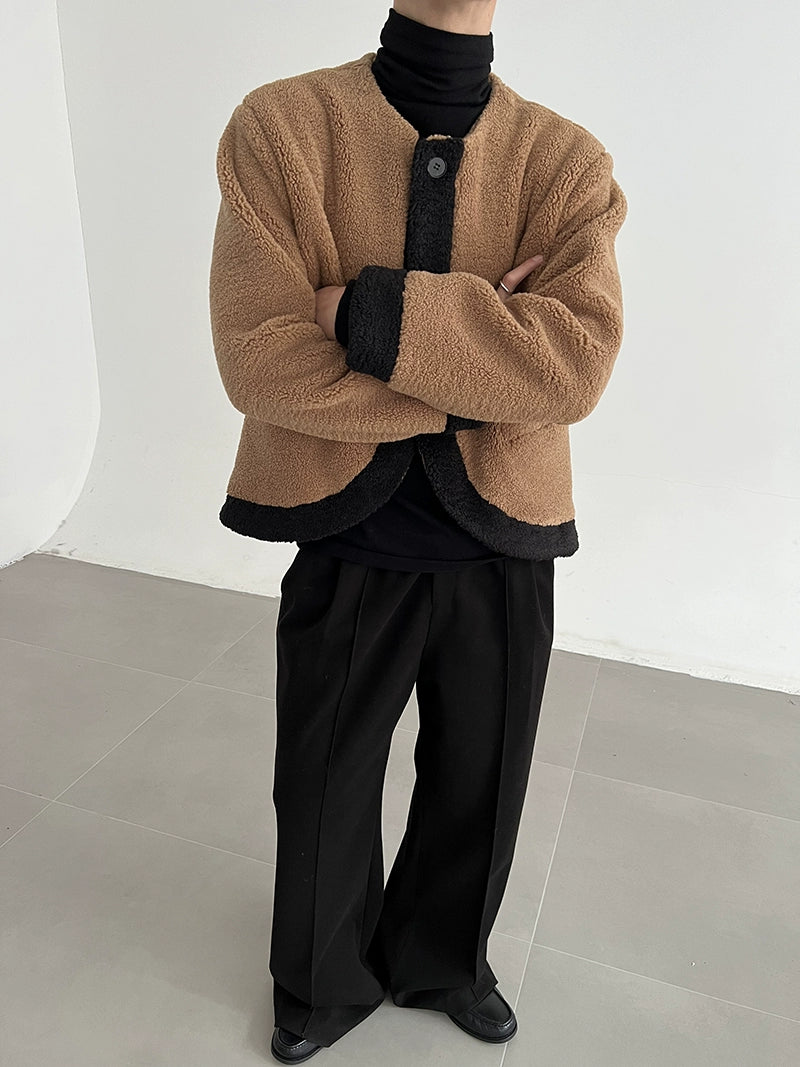 Collarless Contrast Boa Warm Jacket WN21469