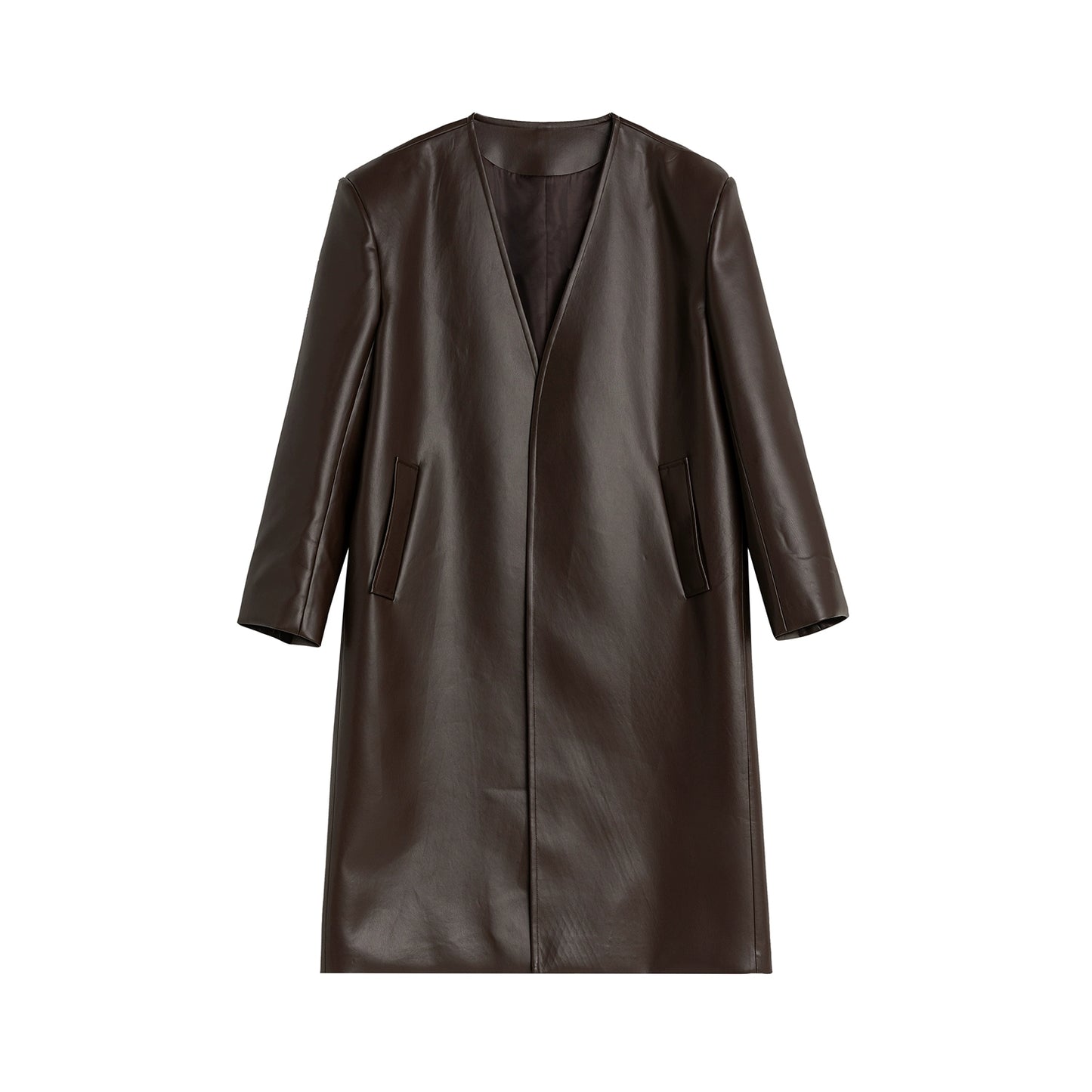 Oversize Collarless Mid-Length PU Leather Coat WN13310