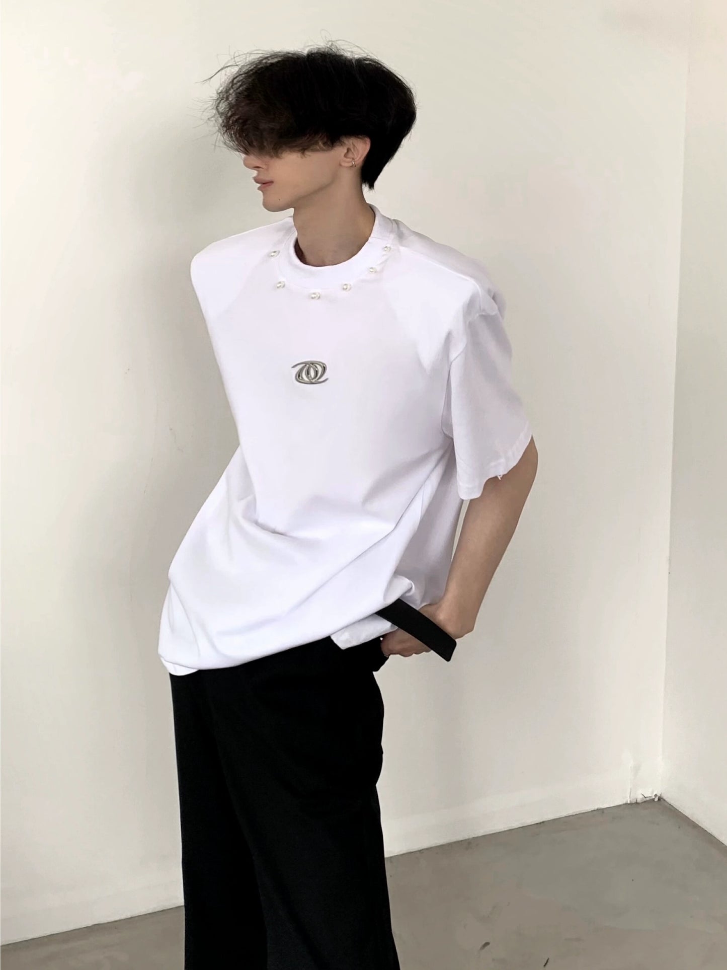 Perl Decoration Shoulder Pad Short Sleeve T-Shirt WN5990