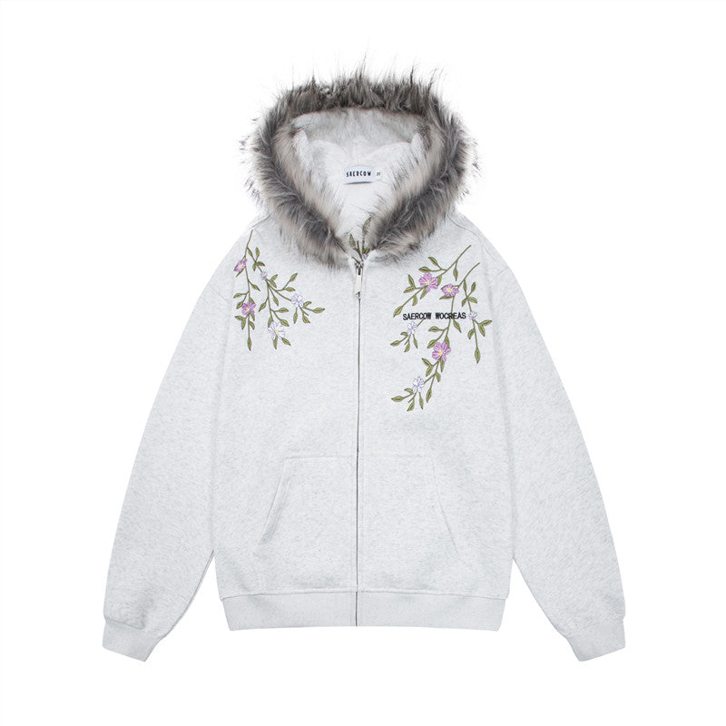 Fake Fur Collar Floral Embroidery Hoodie WN24287