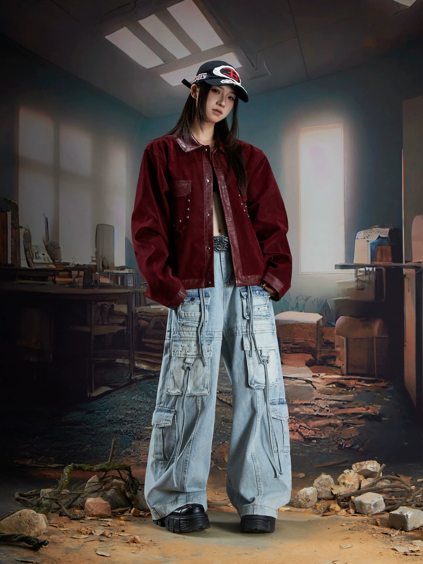 Studs Ribbon Washed Multi-Pocket Wide Leg Cargo Denim Jeans WN21348