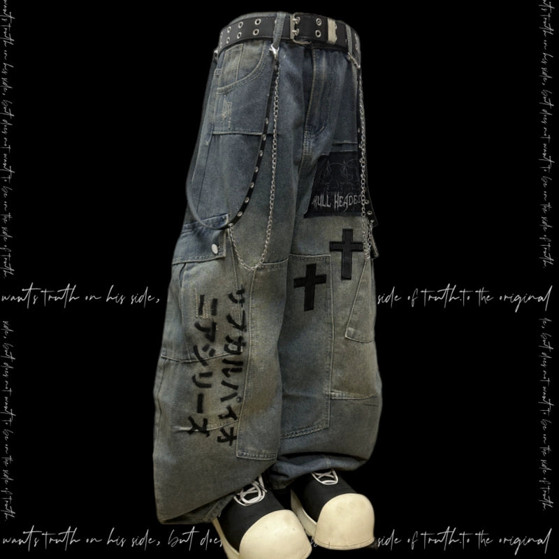 Letter Print Patchwork Cargo Wide Leg Denim Jeans & Belt & Chain & Scarf WN20123