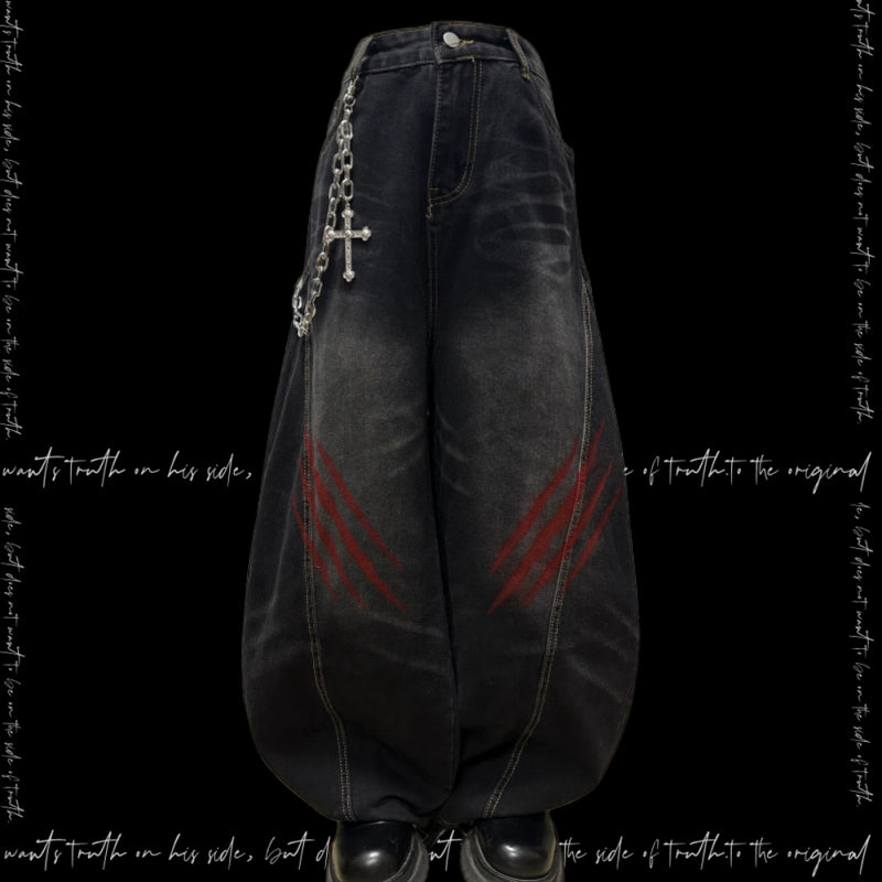 Washed Whisker Scratch Wide Leg Denim Jeans & Belt & Chain WN20117