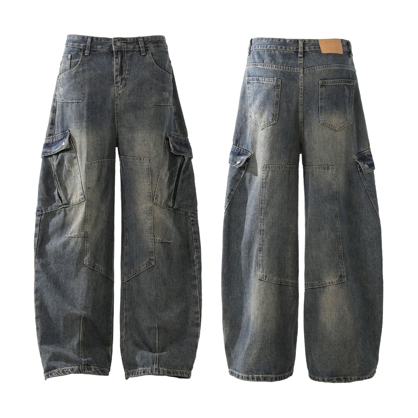 Washed Curved Design Wide-Leg Cargo Denim Jeans WN12722