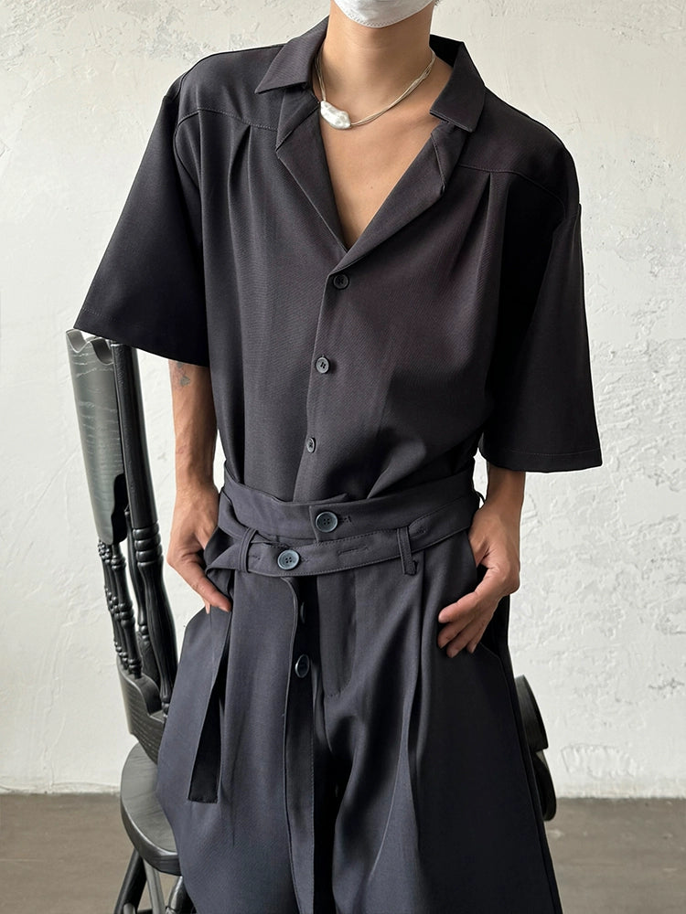 Cuban Collar Pleats Structured Short Sleeve Shirt WN19989