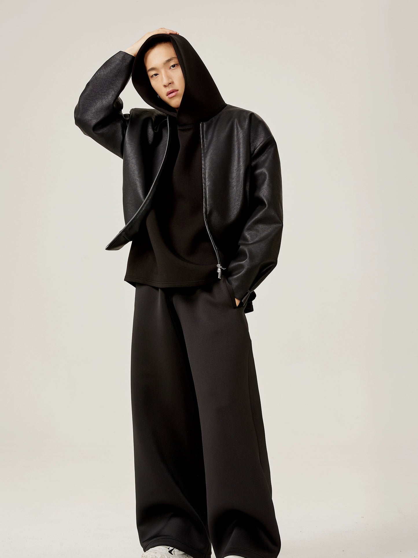 Collarless Washed PU Leather Jacket WN13297