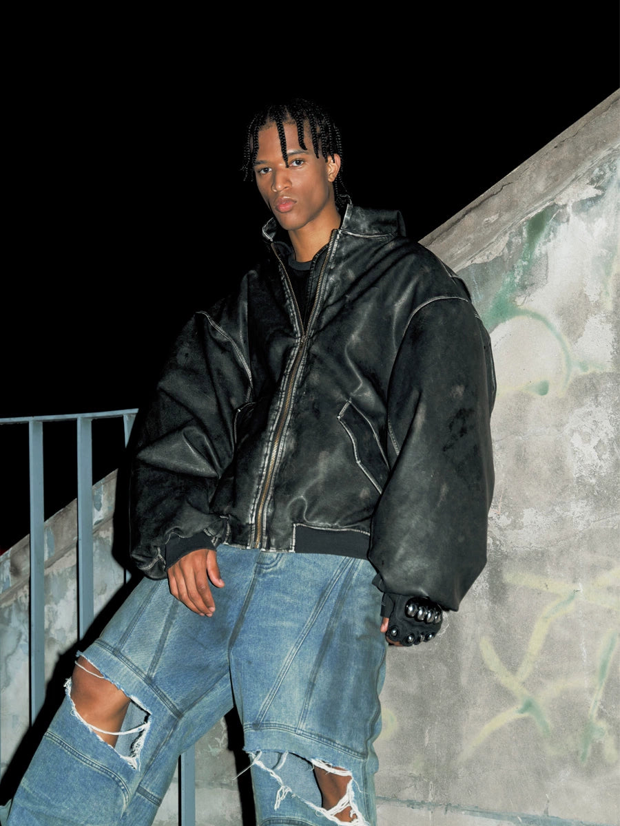 Washed Hooded PU Leather Puffer Jacket WN13276