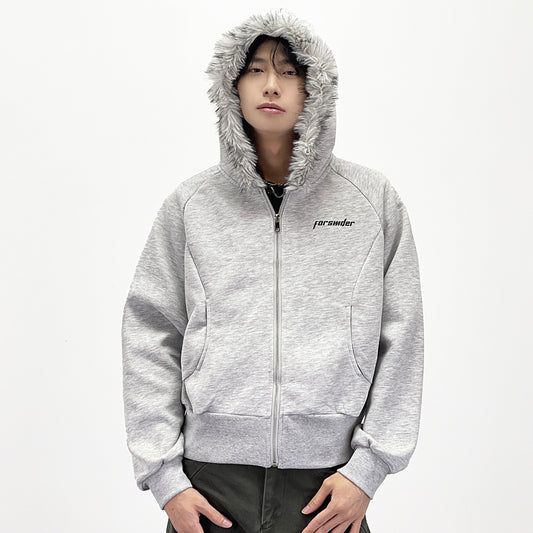 Fake Fur Collar Short Length Oversize Zipper Hoodie WN24246