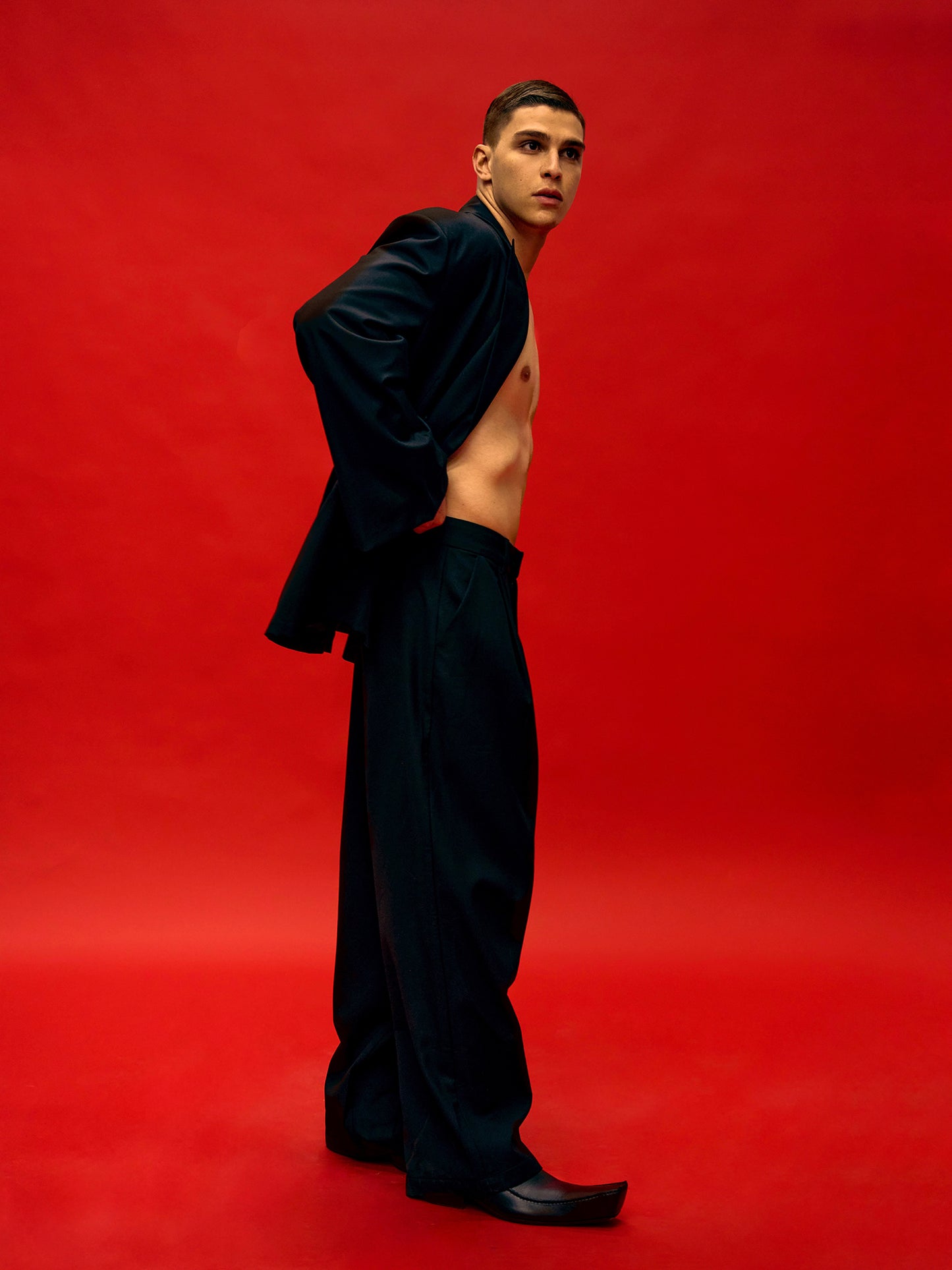 Peak Lapel Shoulder Pad Tailored Jacket & Wide-leg Trousers Setup WN15174