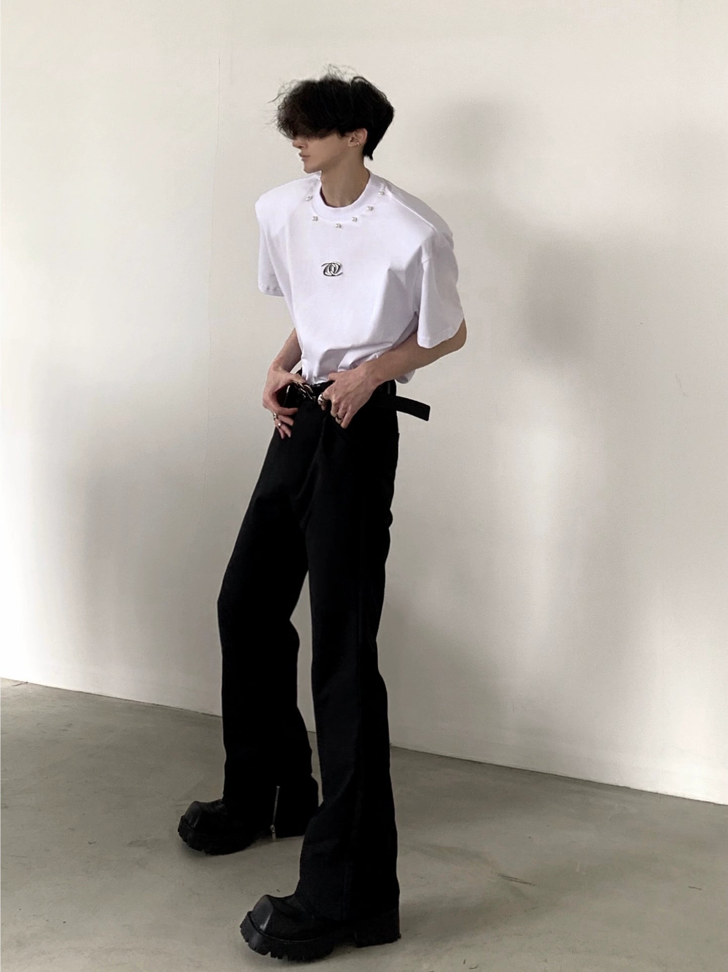 Perl Decoration Shoulder Pad Short Sleeve T-Shirt WN5990