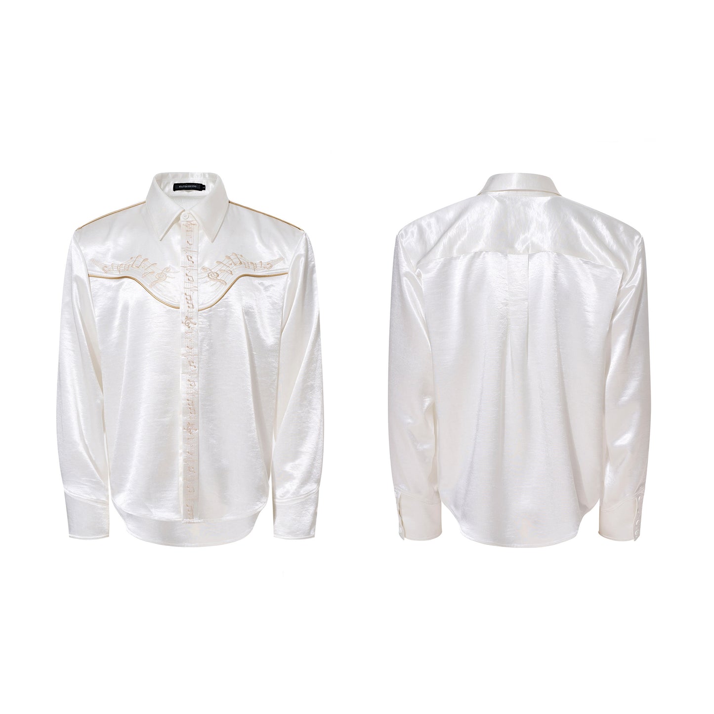 Draped Wrinkle-Resistant Note Embroidery Shoulder-Pad Long Sleeve Shirt WN23276