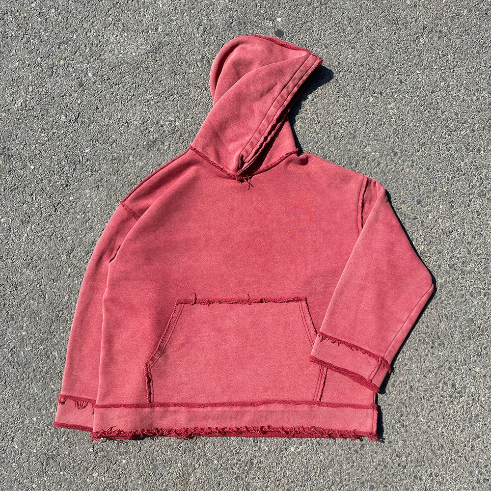 Washed Damage Hem Pullover Hoodie WN16677