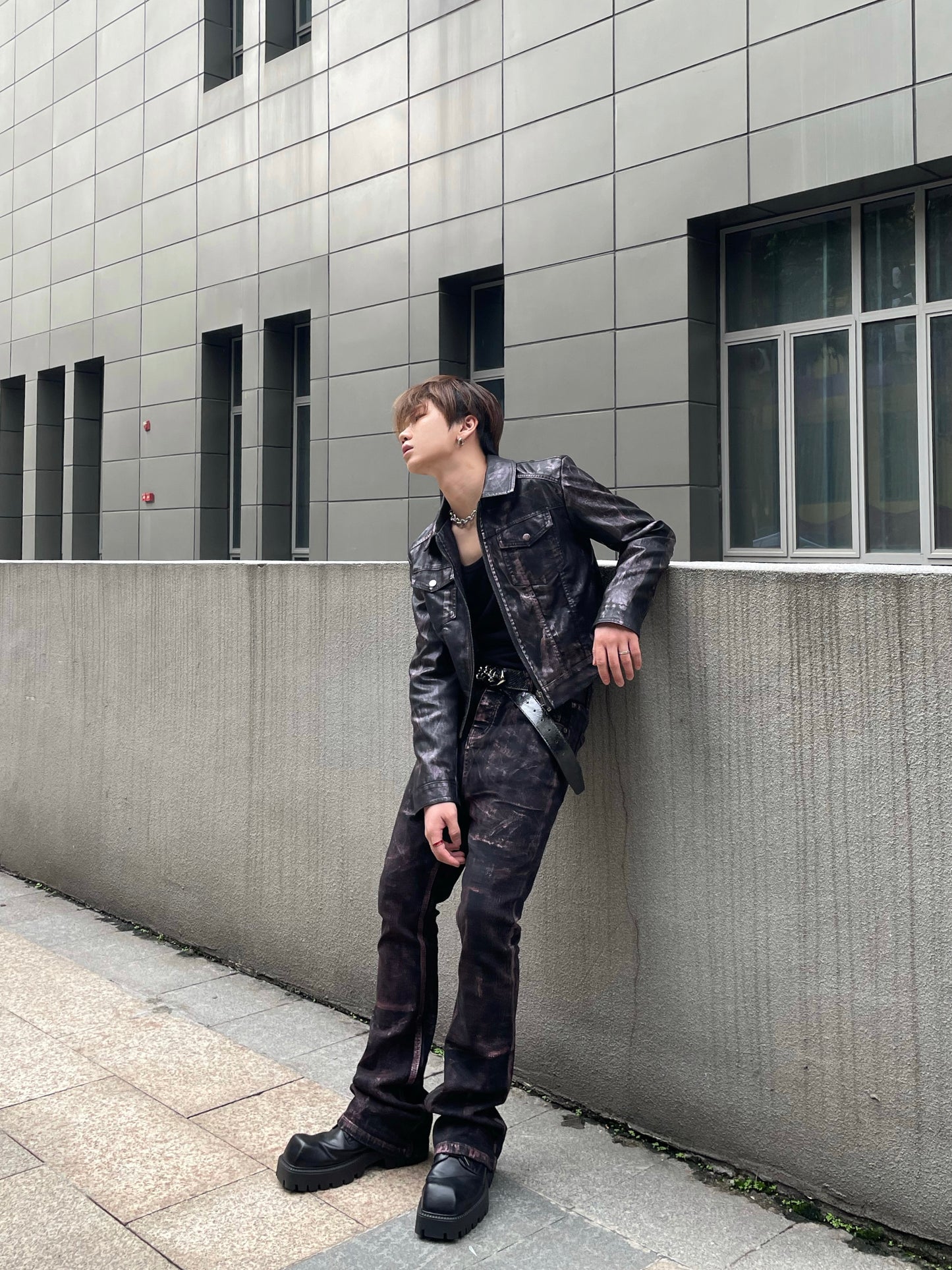 Paint Coating Damage PU Leather Jacket WN15774