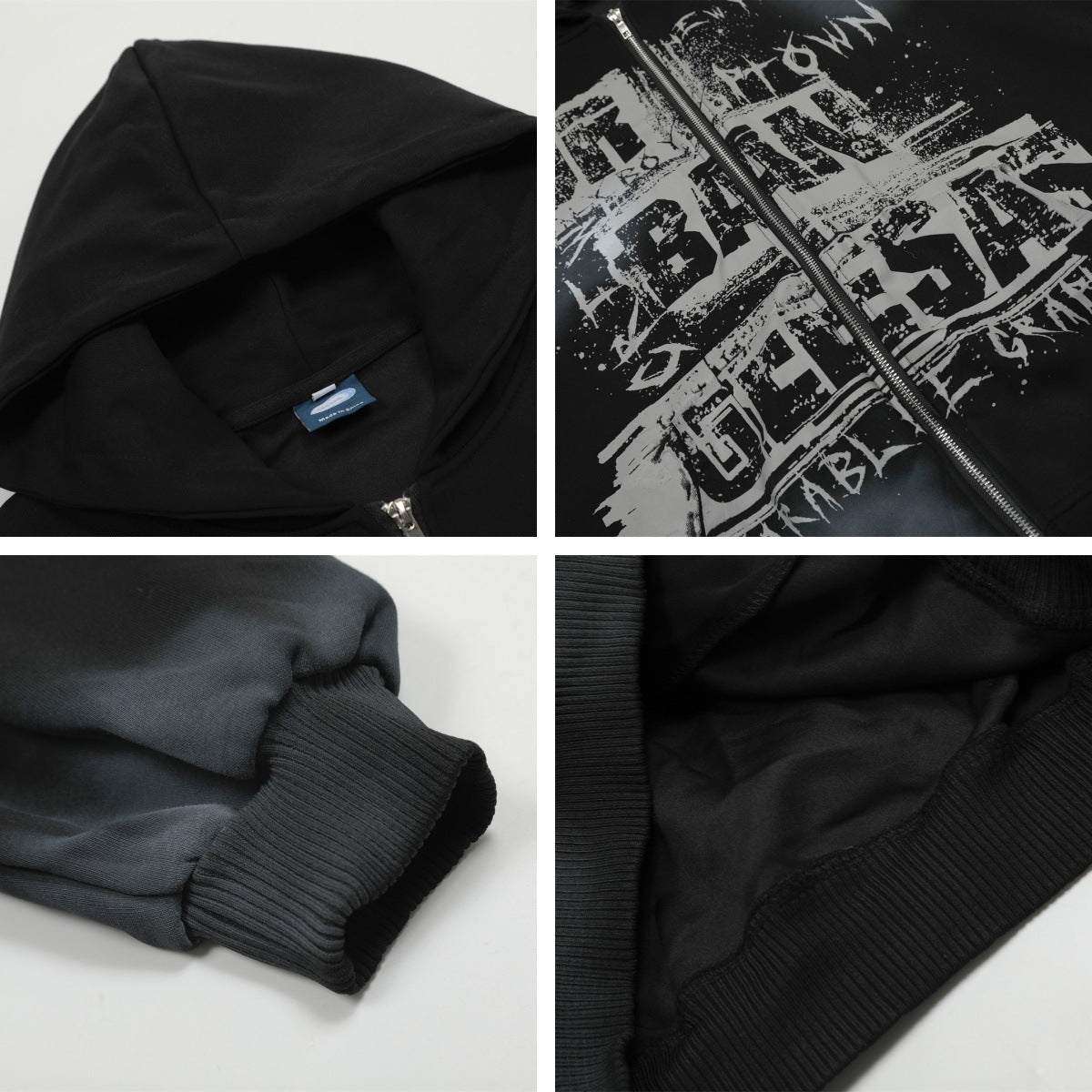 Washed Letter Print Zipper Hoodie WN15047