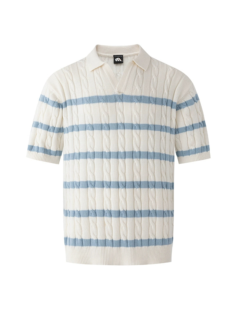 Cable Stripe Knit Lapel Short Sleeve Polo Shirt WN20322
