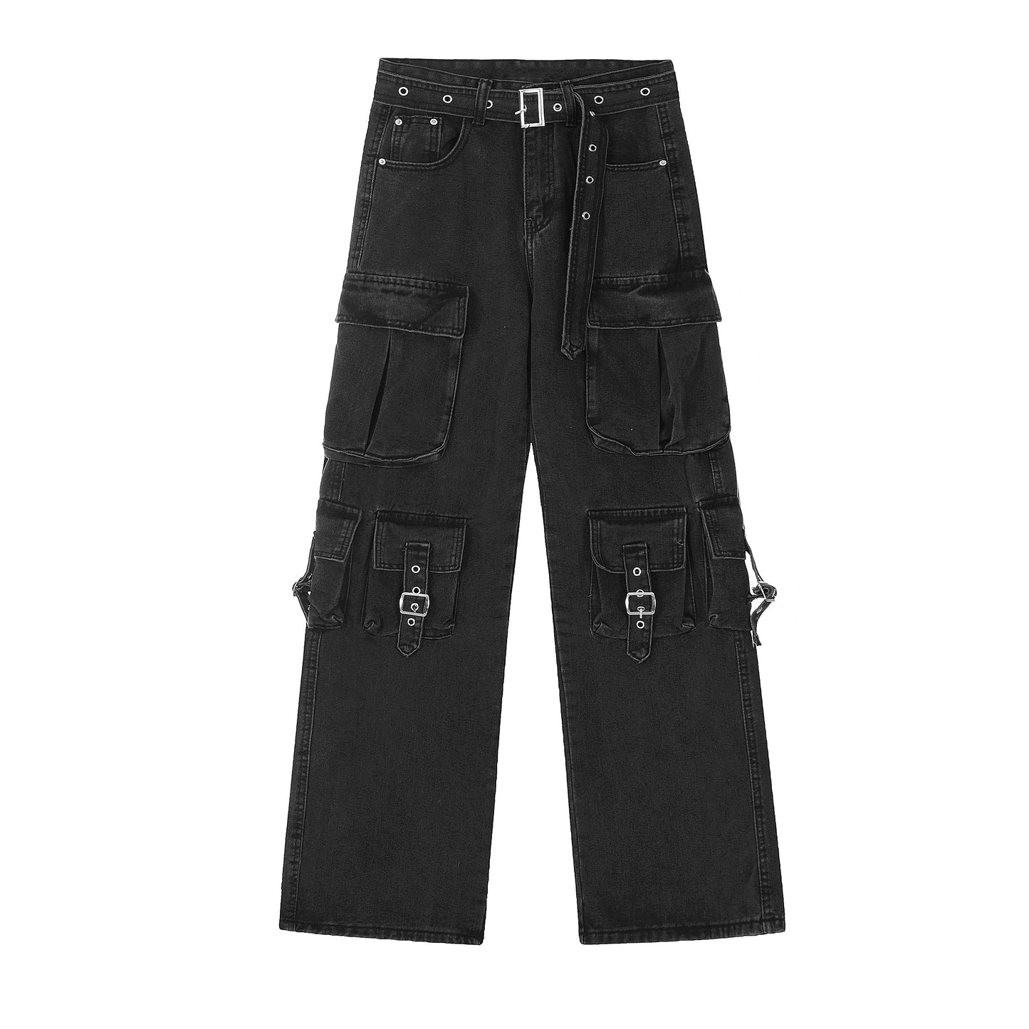 Multi-Pocket Washed Wide Leg Cargo Denim Jeans WN24220