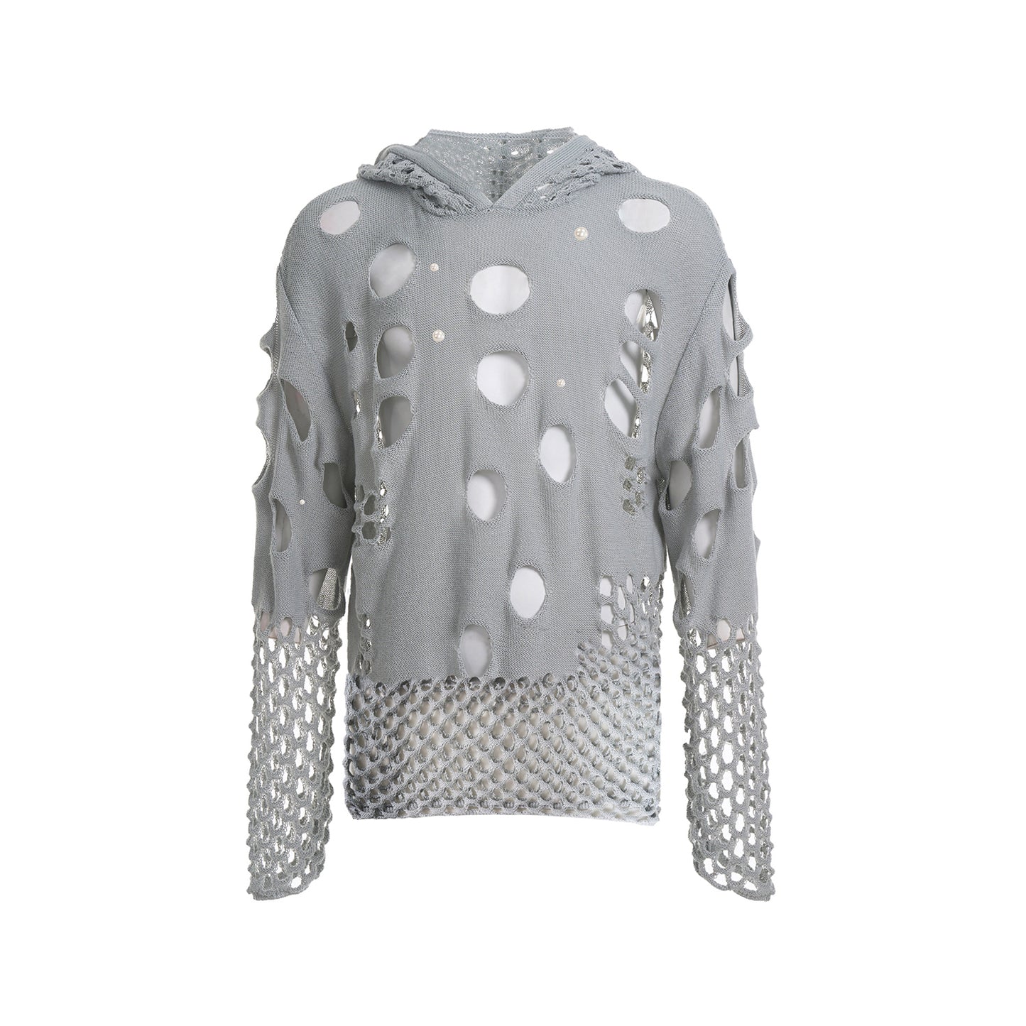 Hollow Out Pearl Decor Hooded Knit Sweater WN14841
