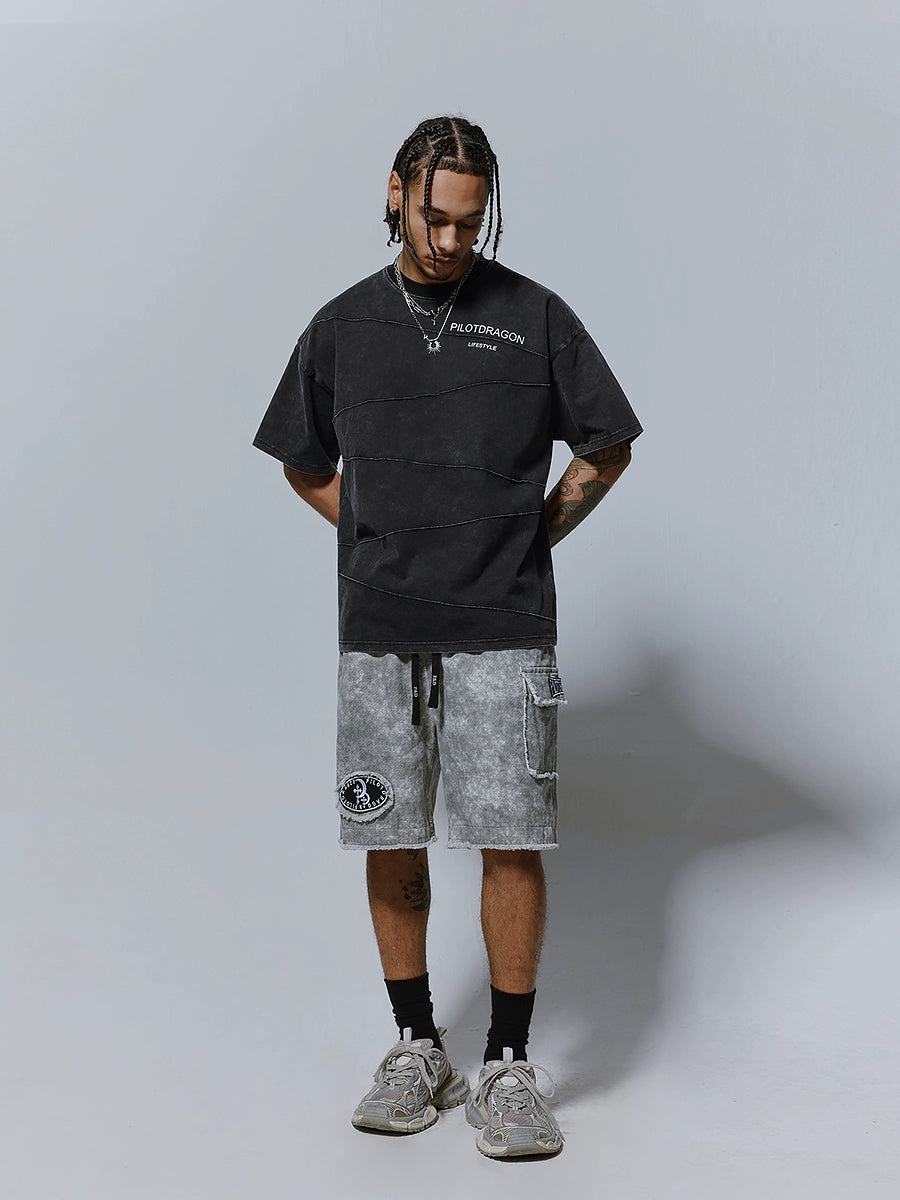 Embroidery Patch Wide Leg Cargo Half Pants WN17619