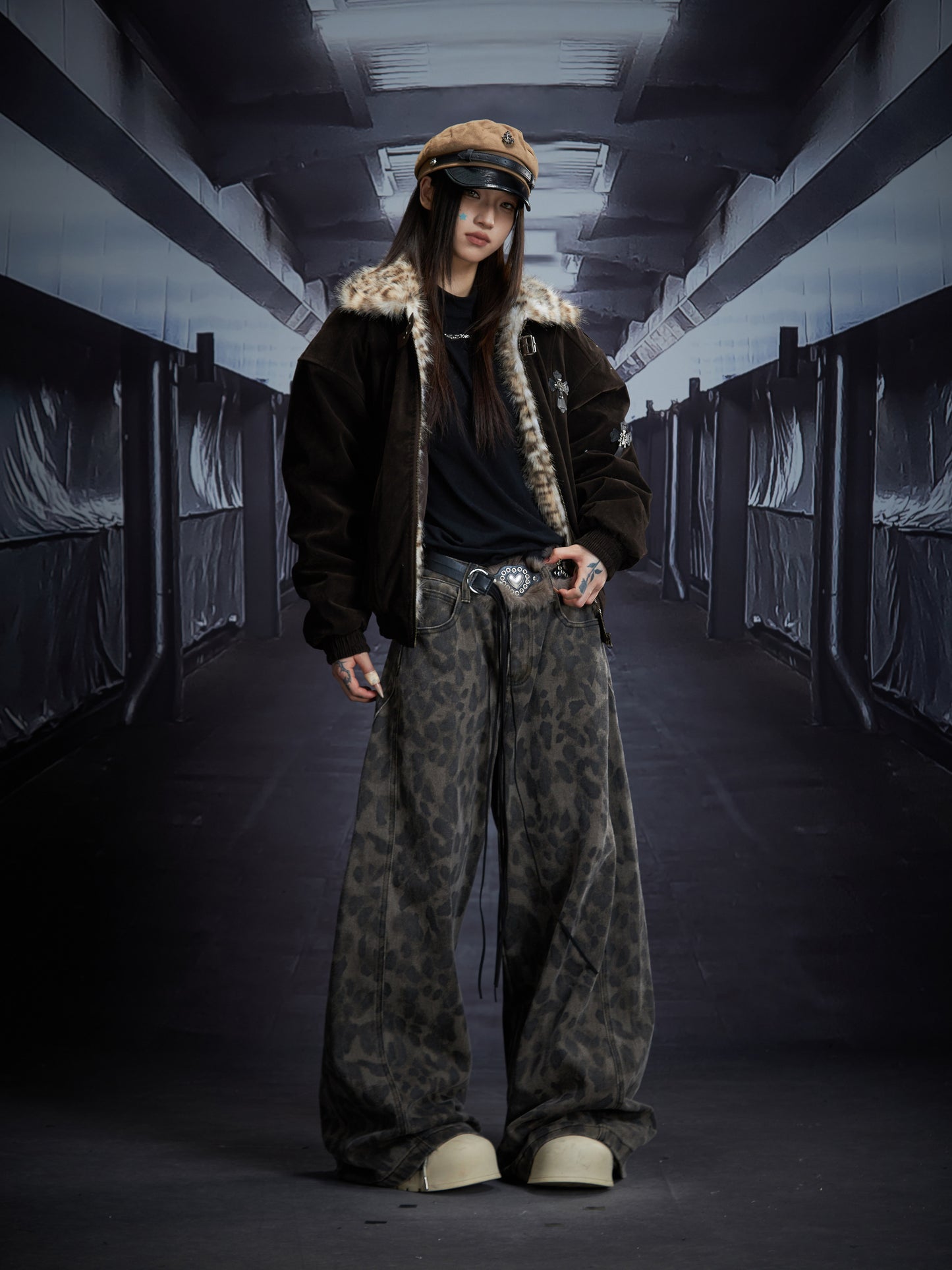 Leopard Print Fake Fur Patchwork Metal Buckle Padded Jacket WN22861