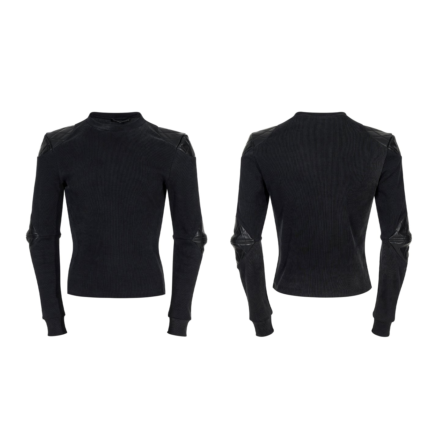 PU Leather Patch Washed Slim Long Sleeve T-Shirt WN22128