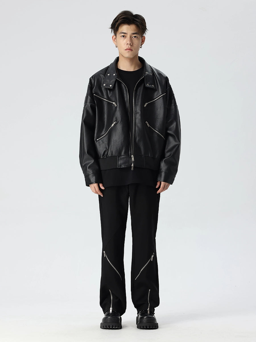 Zipper Design PU Leather Oversize Jacket WN17572