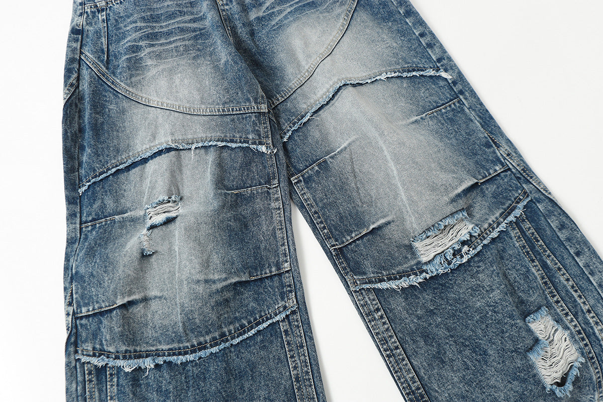 Washed Damage Splice Wide Leg Denim Jeans WN25742