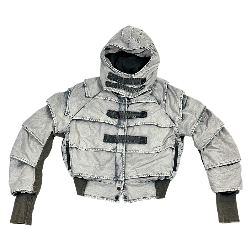 Faded Washed Pleats Structured Hooded Short Jacket WN21984