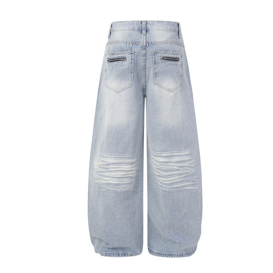 Washed Whisker Damage Wide Leg Denim Jeans WN25532