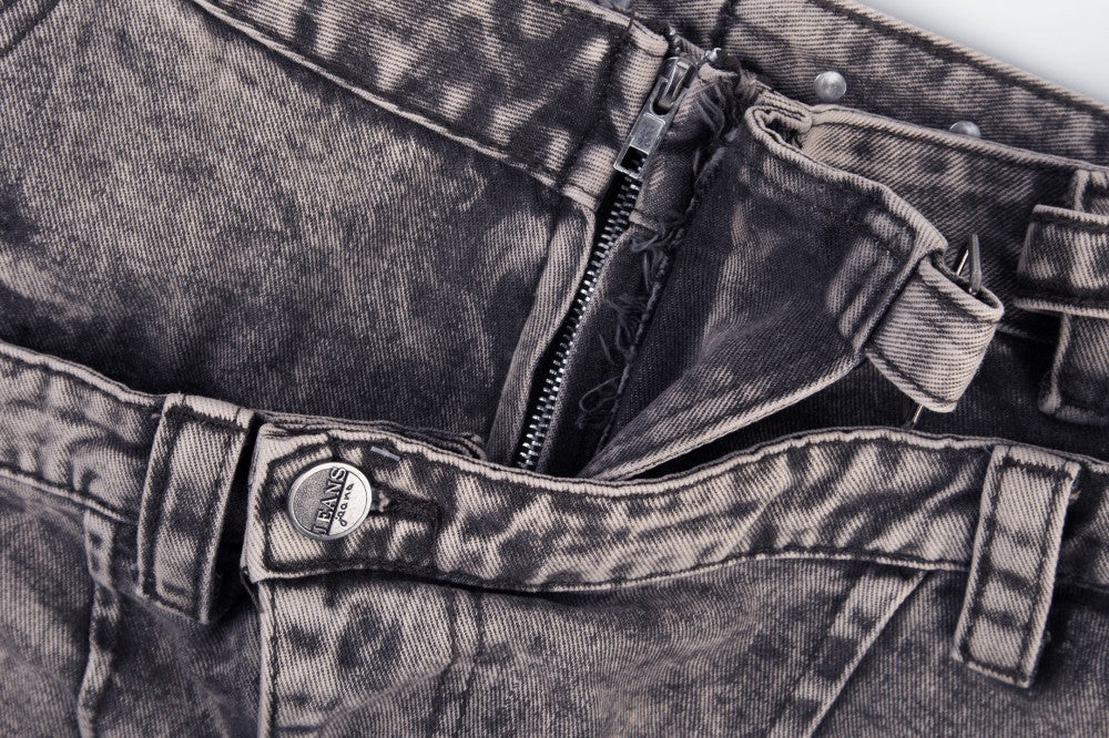 Double Waist Washed Panel Detail Wide Leg Denim Jeans WN27973