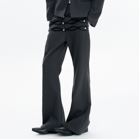 Leather Weave Metal Button Stripe Jacket & Flare Trousers Setup WN23546