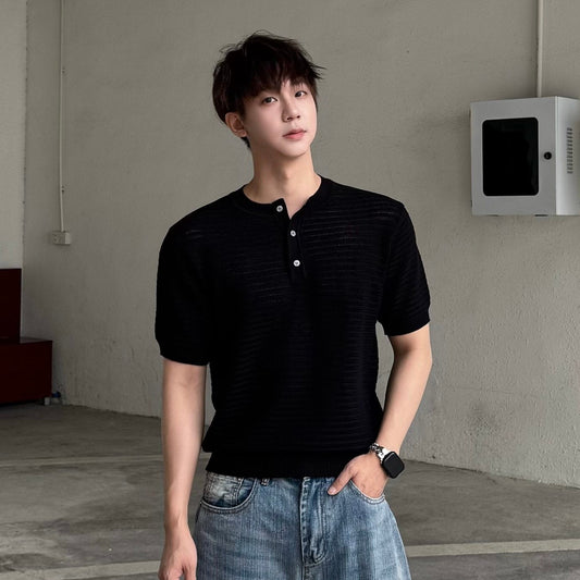 Openwork Texture Henley Neck Slim Knit T-shirt WN25249