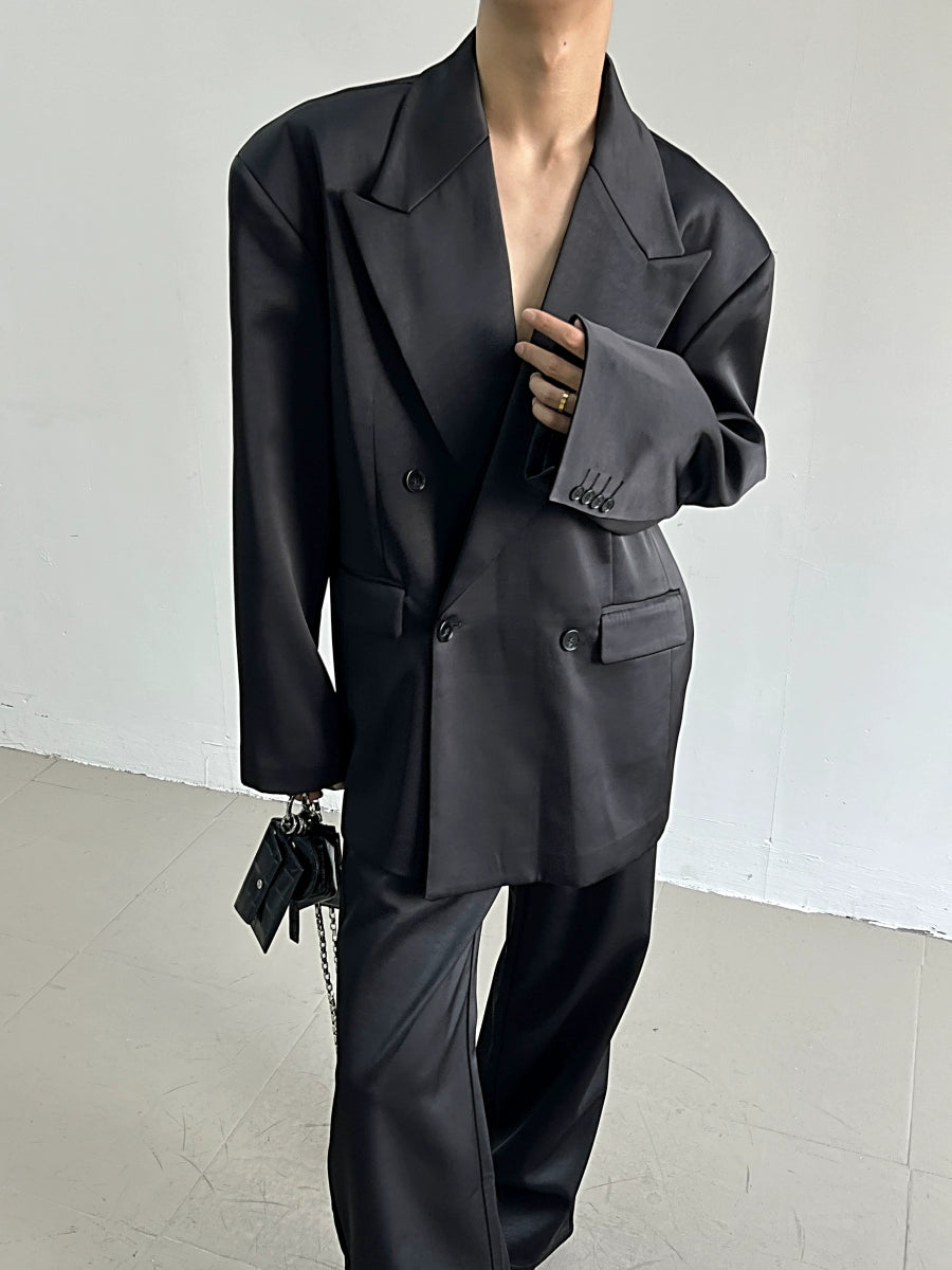 Shoulder-Pad Satin-Touch Tailored Jacket & Trousers Setup WN11669