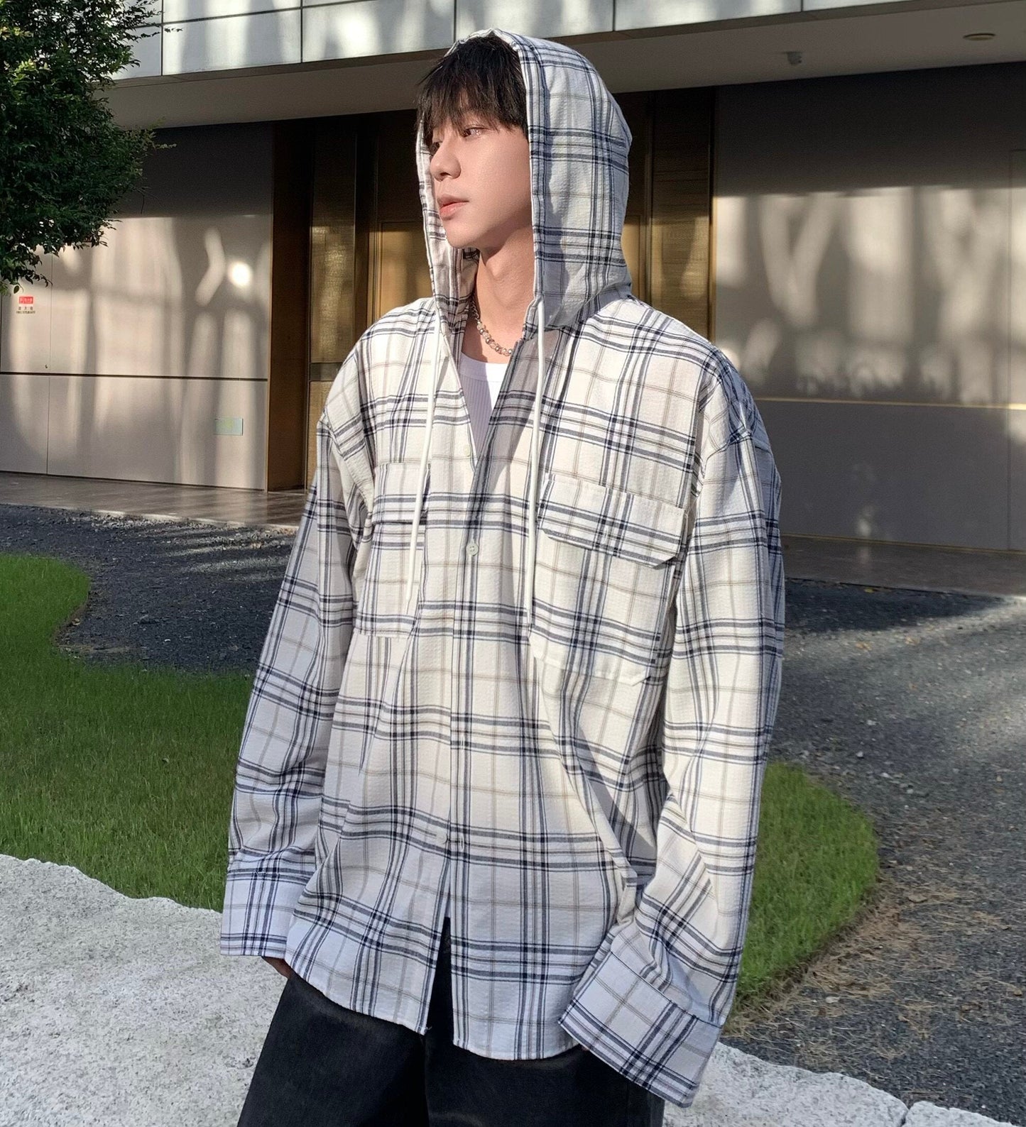 Check Hooded Long Sleeve Shirt WN25205