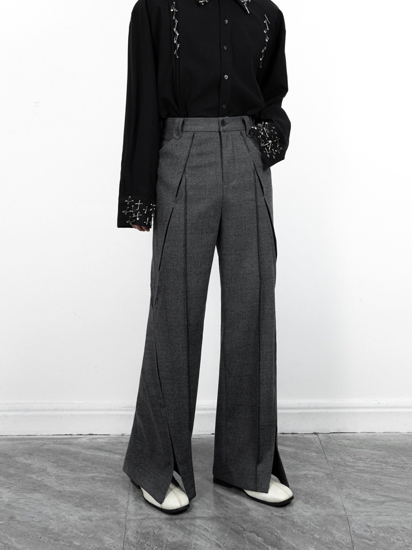 Heavy Embroidery Shoulder-Pad Oversize Tailored Jacket & Slit Design Flare Trousers Setup WN23648