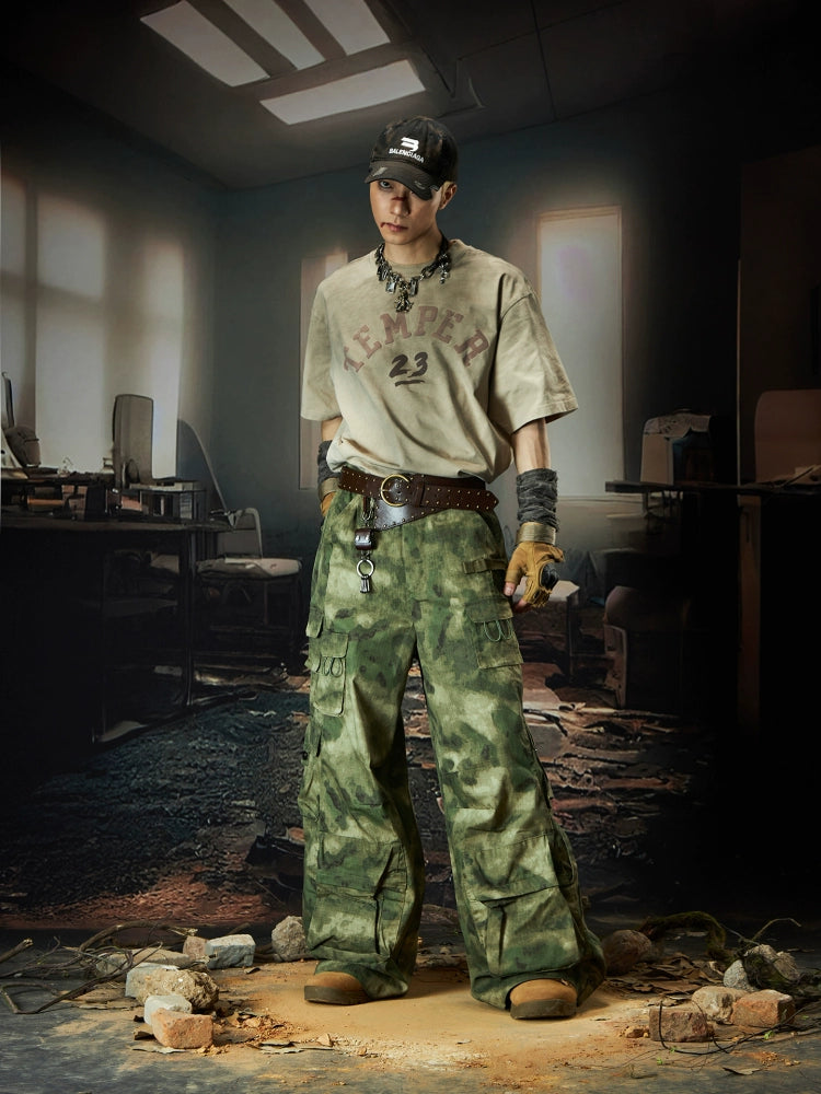 Drawstring Multi-Pocket Camouflage Straight Cargo Pants WN18499