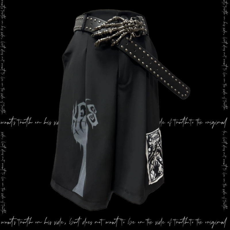 Patch Pleats Straight Half Pants & Skull Belt WN20105
