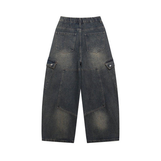 Wide Leg Multi-Pocket Washed Cargo Denim Jeans WN26925