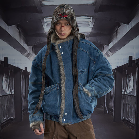 Denim Patchwork Eagle Patch Fake Fur Padded Jacket WN22913