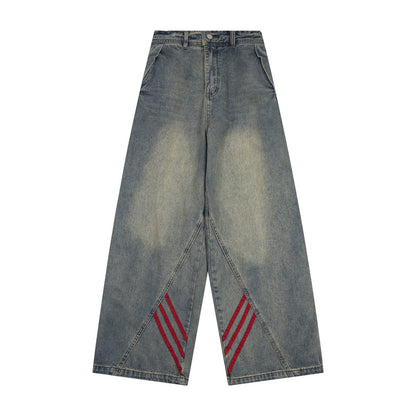 Stripe Design Wide-Leg Straight Denim Jeans WN5874