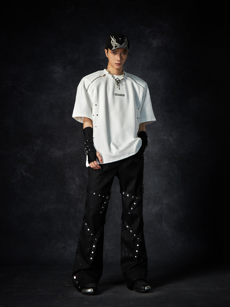 Detachable Studs Metal Strap Flare Trousers WN15231