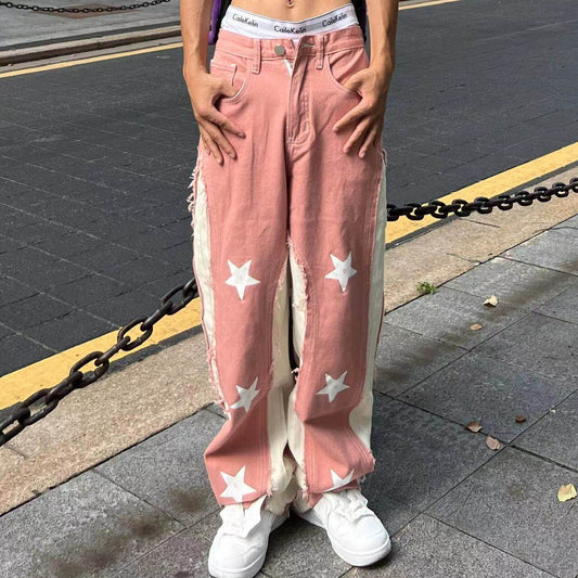 Star Print Wide Leg Straight Denim Jeans WN24105