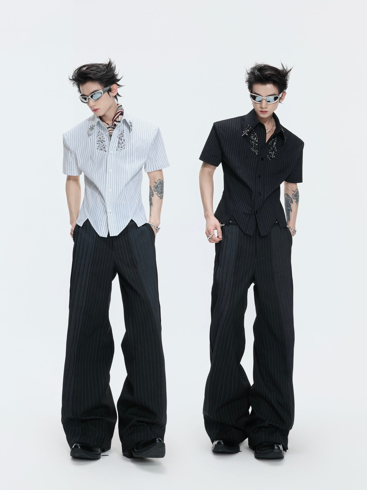 Standing-Collar Shoulder-pad Stripe Asymmetric Short Sleeve Shirt WN26998