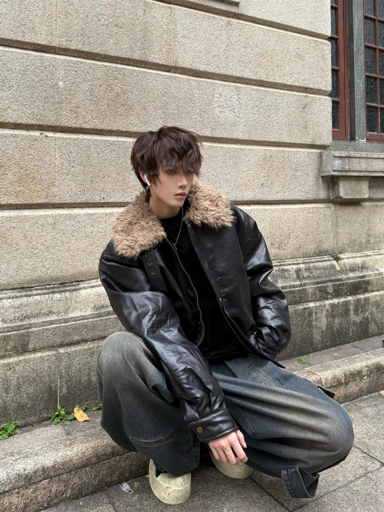 Fake Fur Collar Zip-Up PU Leather Jacket WN23146