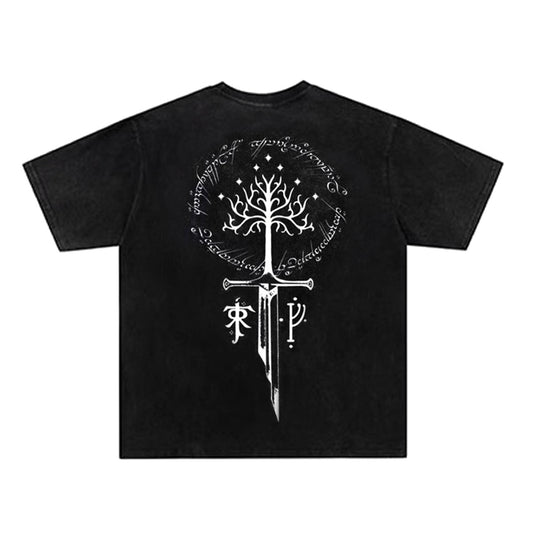 Washed Broken Sword Sacred Tree Print Short Sleeve T-Shirt WN26903