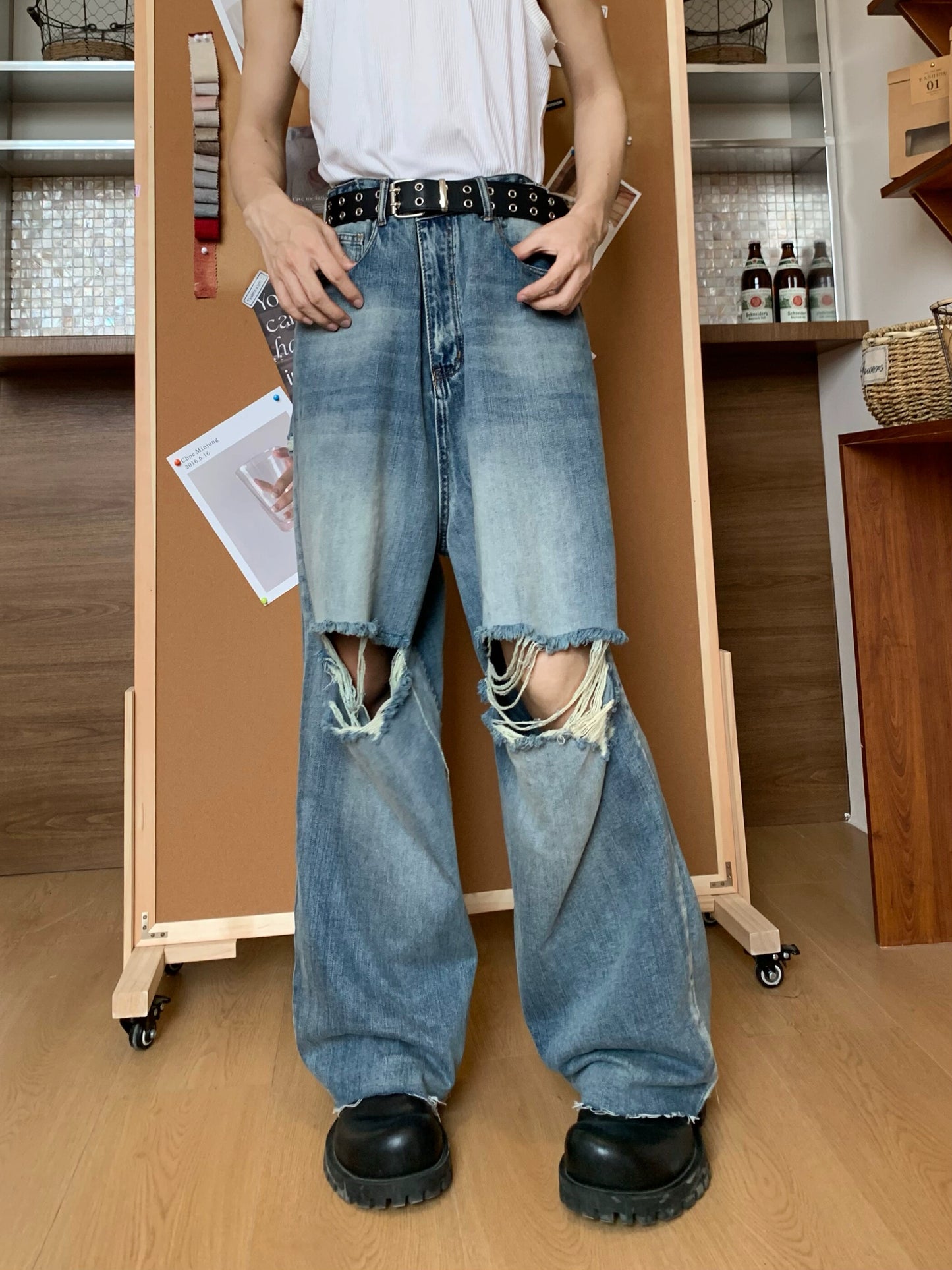 Raw Edge Wash Damage Wide Leg Denim Jeans WN19763