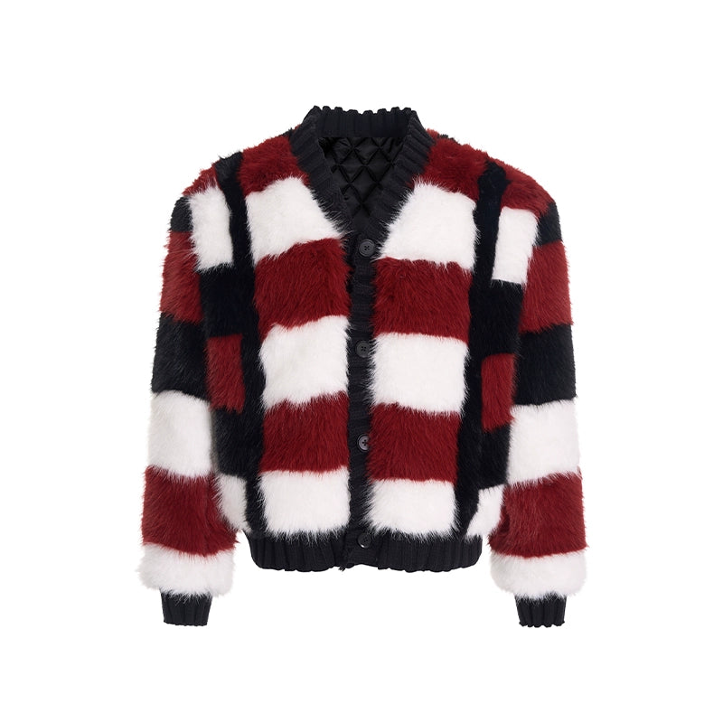 Fake Fur Quilted Collarless Knit Cardigan WN11685