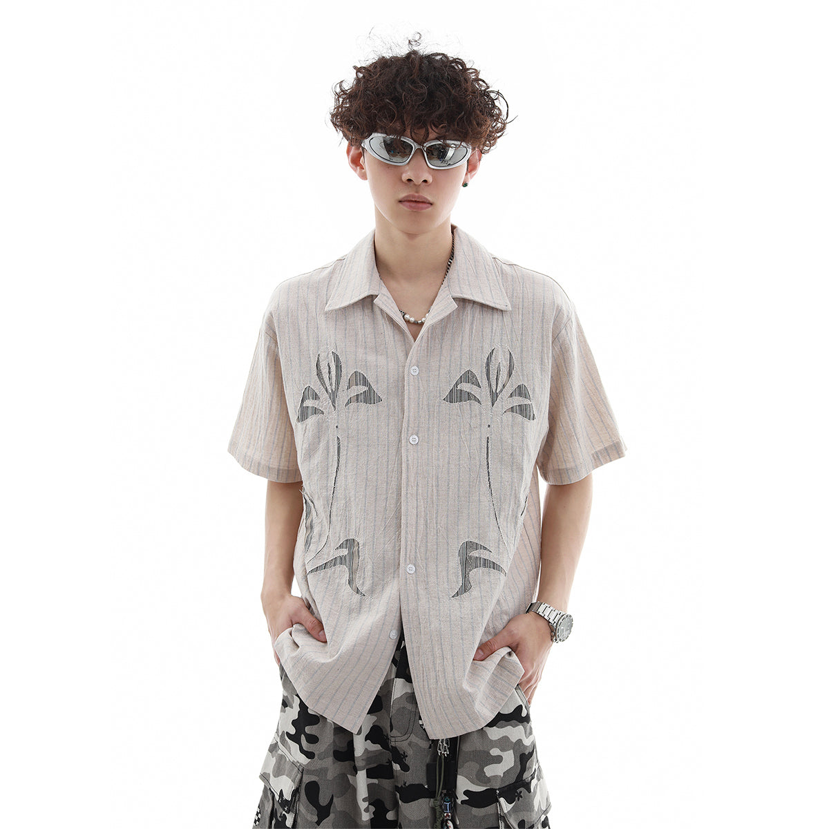 Patch Embroidery Stripe Short Sleeve Shirt WN15707