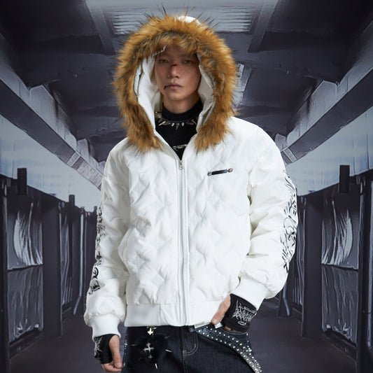 Print Fur Hooded White Duck Down Jacket WN22855