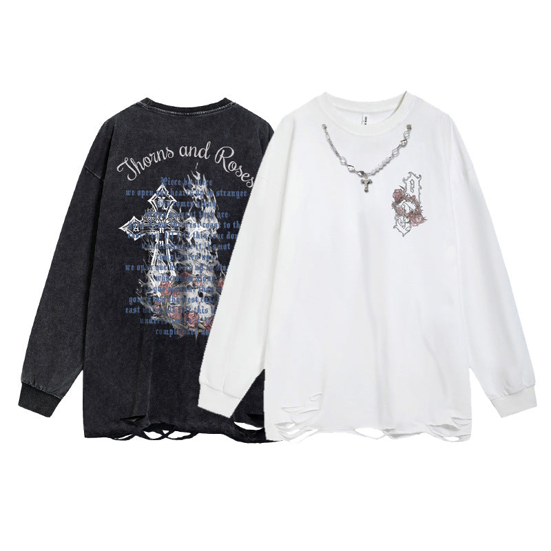 Oversize Cross Graphic Letter Print Damage Long Sleeve T-Shirt WN16494